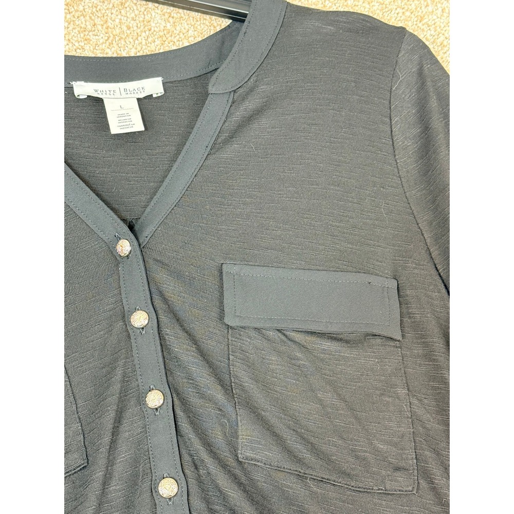 White House Black Market Black Rayon Slub Henley High-Low Top Womens Large L - Picture 8 of 10